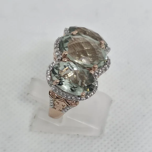 NWOT! Designer 3 Stone Prasiolite (Green Amethyst) Vermeil Rose Gold &925  Ring - Picture 4 of 10